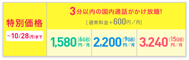 BIC SIMキャンペーン適用時の3分かけ放題の月額料金