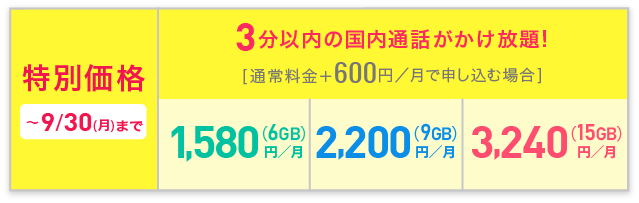 BIC SIMキャンペーン適用時の3分かけ放題の月額料金