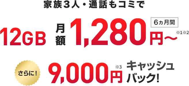 家族3人・通話もコミで 12GB月額1,280円〜 さらに!9,000円キャッシュバック!