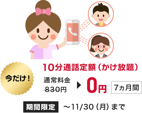 特典2:通常830円の10分通話定額(かけ放題)が7ヵ月間0円
