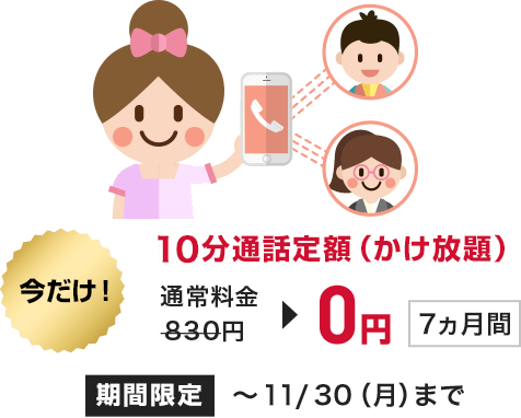 特典2:通常830円の10分通話定額(かけ放題)が7ヵ月間0円