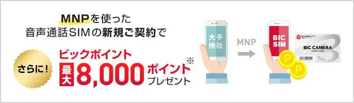 MNPを使った音声通話SIMの新規ご契約でビックポイント8,000ポイントプレゼント