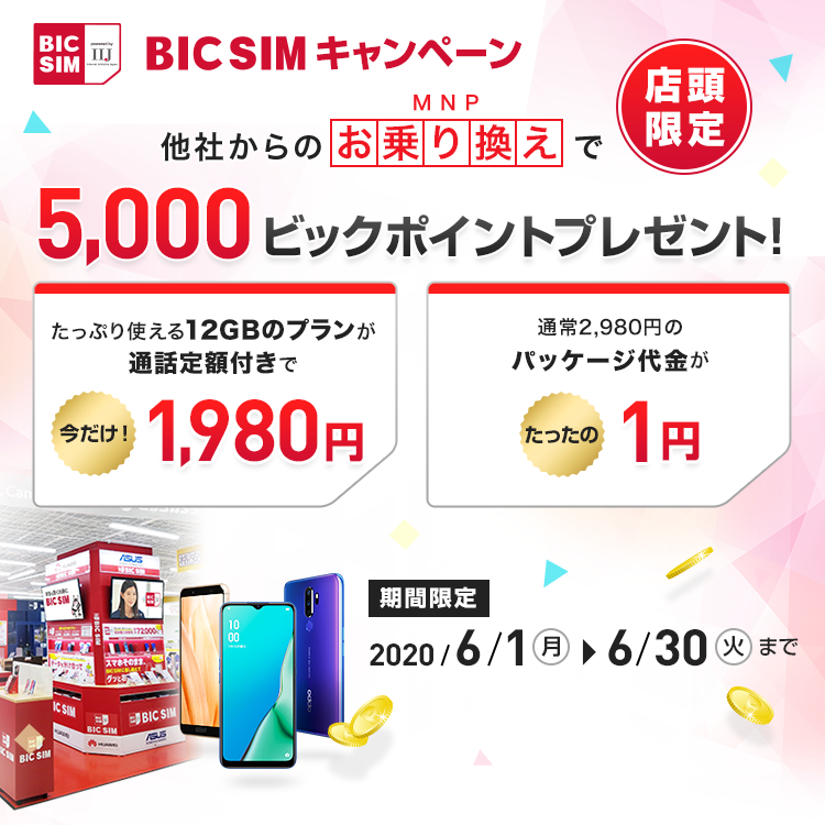 【店頭申し込み限定】BIC SIMキャンペーン 他社からのお乗り換えで5000ビックポイントプレゼント!