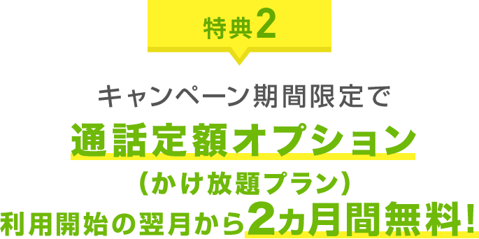 特典2 キャンペーン期間限定で通話定額オプション (かけ放題プラン) 利用開始の翌月から2ヵ月間無料!
