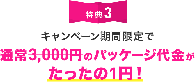 特典3 さらに期間中なら通常3,000円のパッケージ代金がたったの1円!