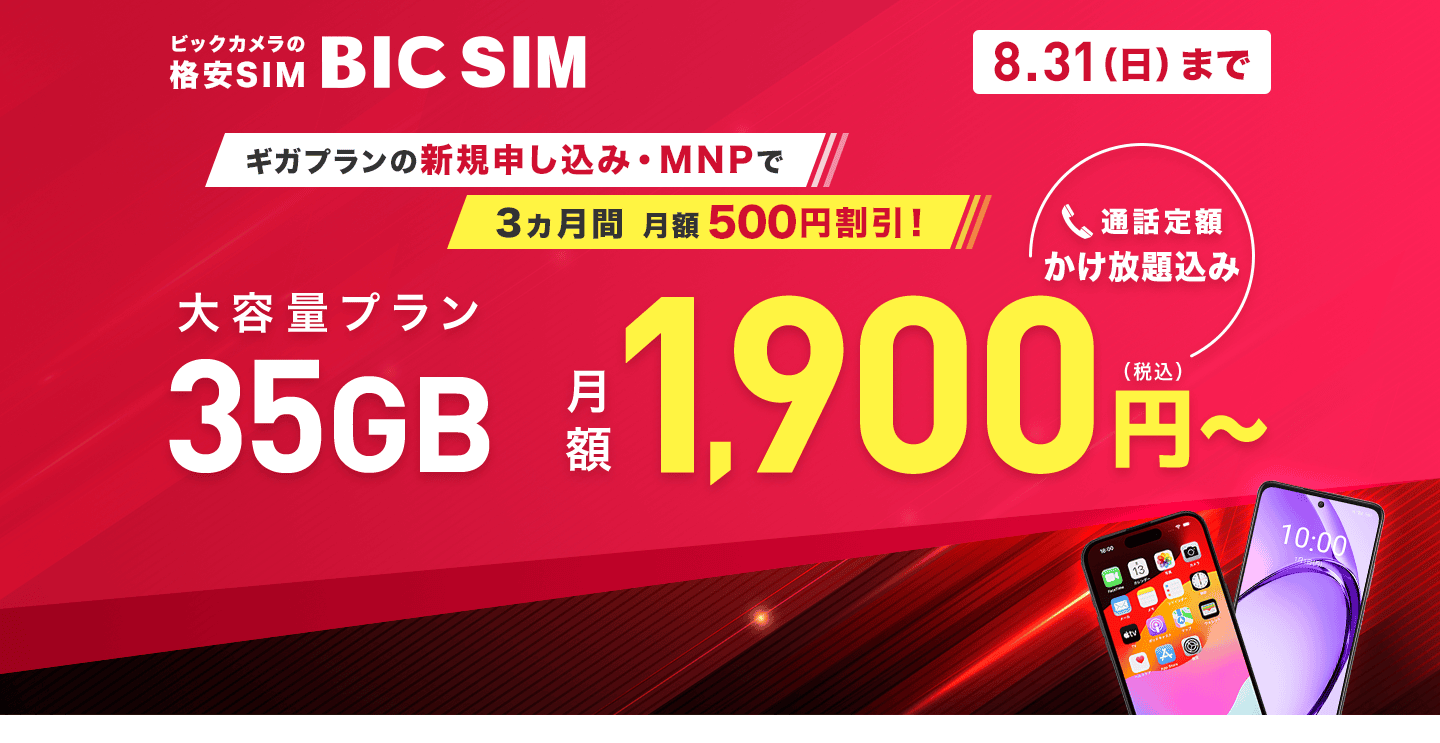 BIC SIM サマーキャンペーン(1,900円/35GB)