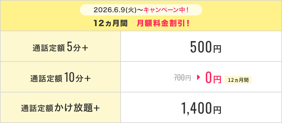 通話定額オプションの月額料金表