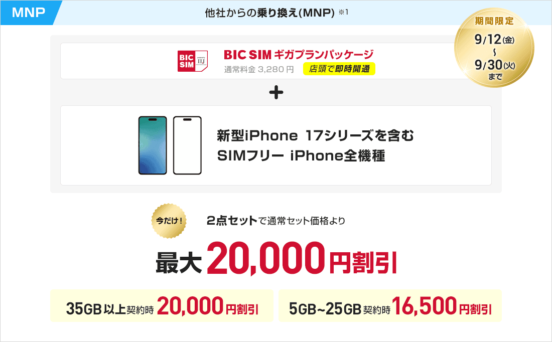 BIC SIMギガプランパッケージ　＋　新型iPhone 17シリーズを含む SIMフリーiPhone全機種