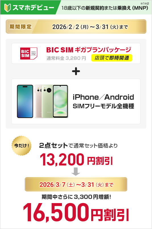 18歳以下の新規契約または乗り換え（MNP）　BIC SIMギガプランパッケージ　＋　iPhone/Android SIMフリーモデル全機種