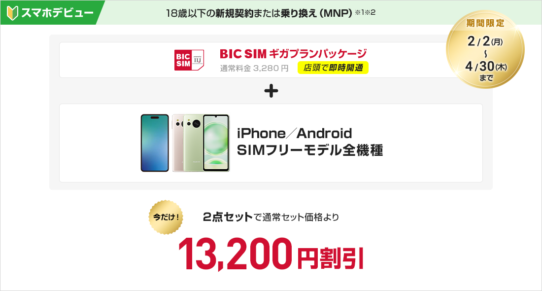 18歳以下の新規契約　BIC SIMギガプランパッケージ　＋　iPhone/Android SIMフリーモデル全機種