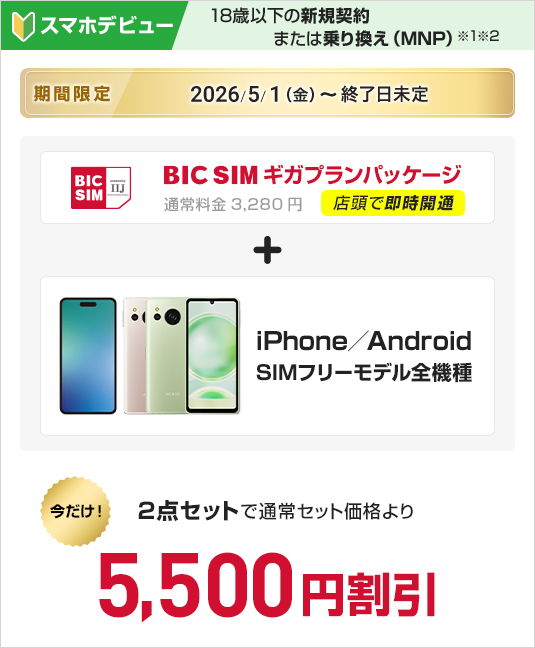 18歳以下の新規契約　BIC SIMギガプランパッケージ　＋　iPhone/Android SIMフリーモデル全機種