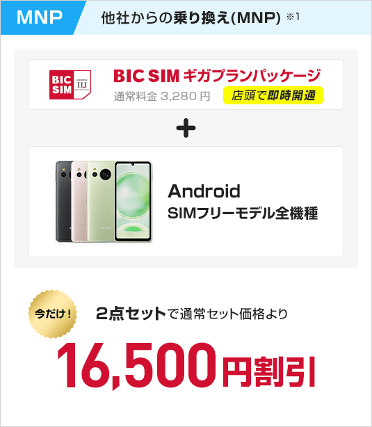BIC SIMギガプランパッケージ　＋　Android SIMフリーモデル全機種