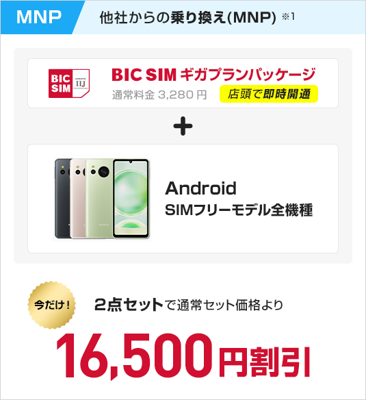 BIC SIMギガプランパッケージ　＋　Android SIMフリーモデル全機種