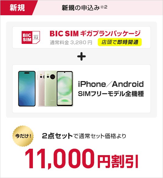 新規契約　BIC SIMギガプランパッケージ　＋　iPhone/Android SIMフリーモデル全機種