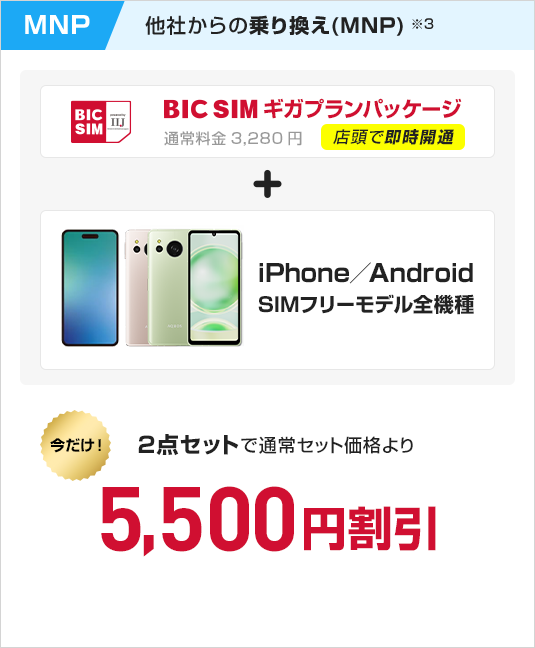 他社からの乗換え　BIC SIMギガプランパッケージ　＋　iPhone/Android SIMフリーモデル全機種