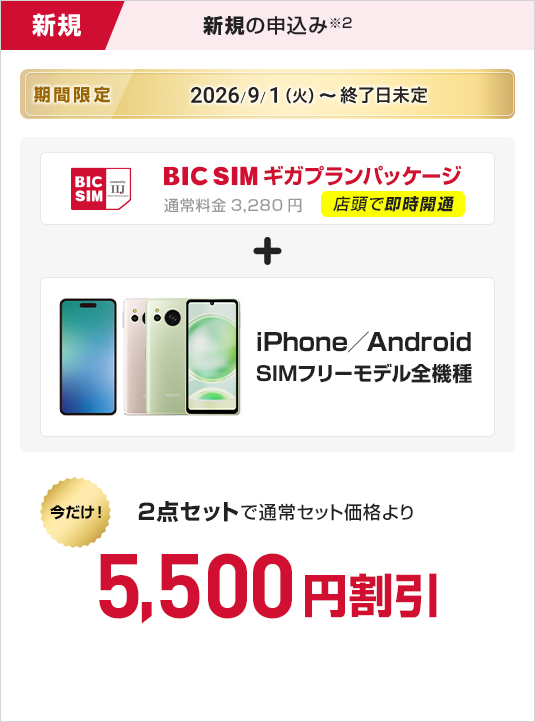 新規の申込み　BIC SIMギガプランパッケージ　＋　iPhone/Android SIMフリーモデル全機種