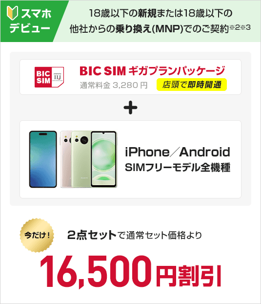スマホデビュー　BIC SIMギガプランパッケージ　＋　iPhone/Android SIMフリーモデル全機種