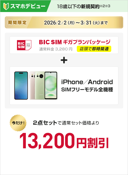 18歳以下の新規契約　BIC SIMギガプランパッケージ　＋　iPhone/Android SIMフリーモデル全機種