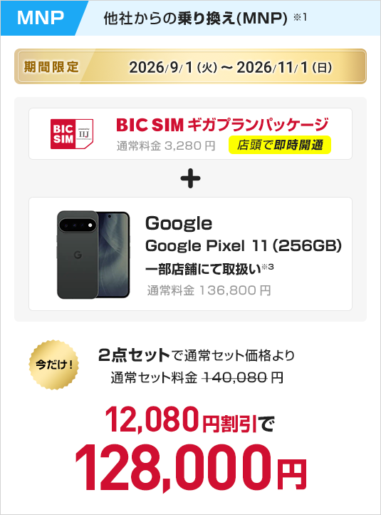 他社からの乗換え　BIC SIMギガプランパッケージ　＋　Google Pixel 11（256GB）
