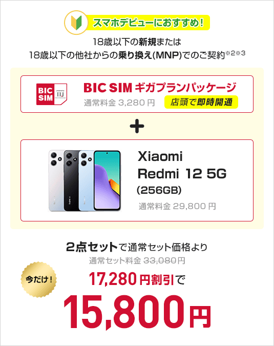 BIC SIMギガプランパッケージ　＋　Xiaomi Redmi 12 5G