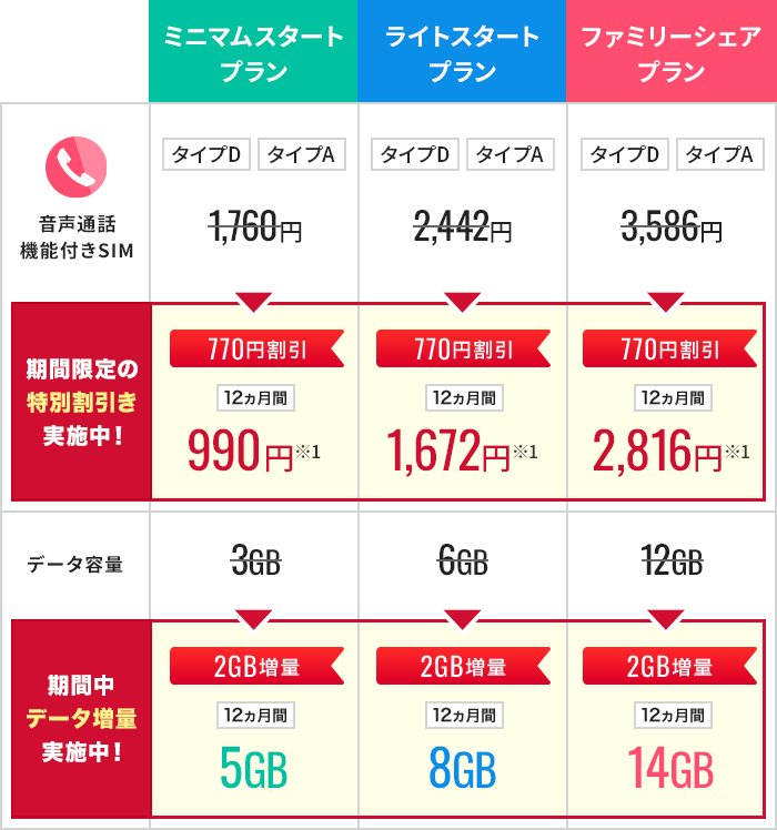 BIC SIM 月額割引料金表