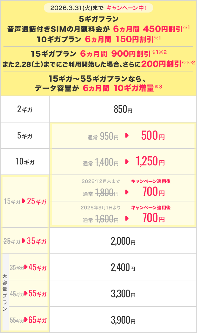 ギガプランの料金プラン