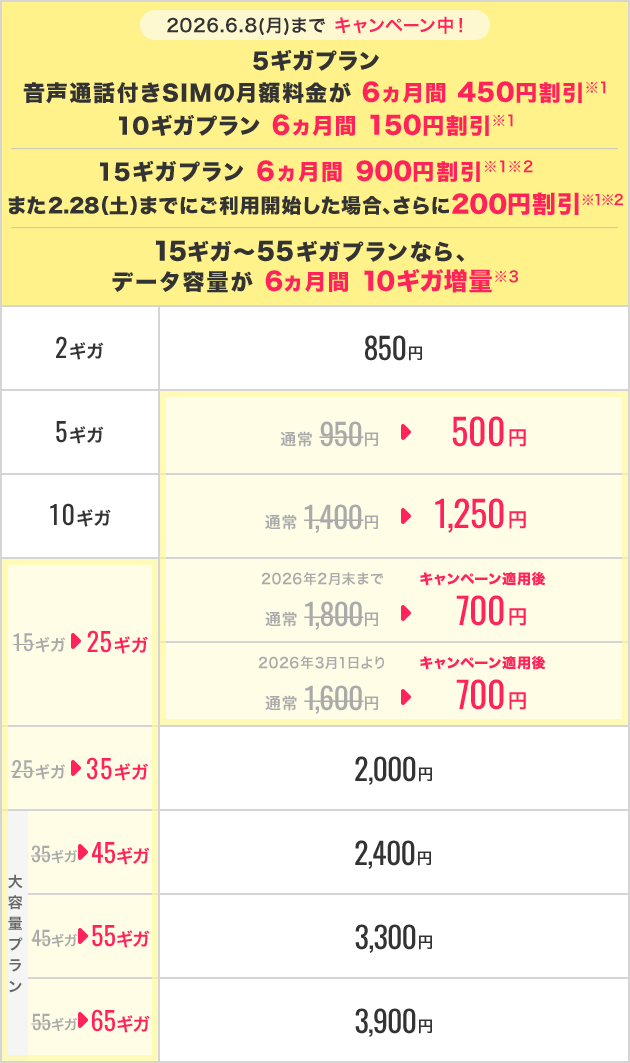 ギガプランの料金プラン
