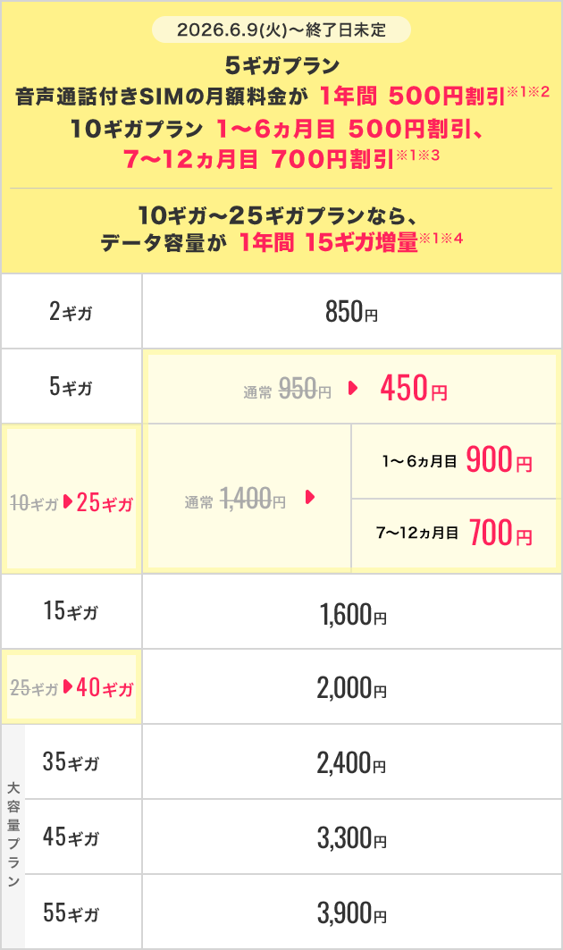 ギガプランの料金プラン