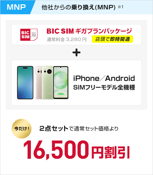 BIC SIMギガプランパッケージ + iPhone/Android SIMフリーモデル全機種